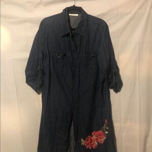 Speed Control Denim  Shirt Dress with Floral Embroidery
